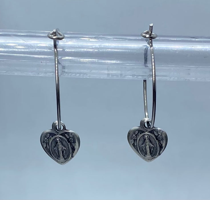 Heart Shaped Miraculous Medal Earrings