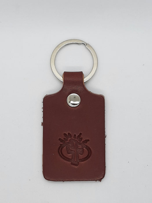 Handmade Leather Flame of Faith Cross Keychain - Four Colours - Catholic Gifts Canada