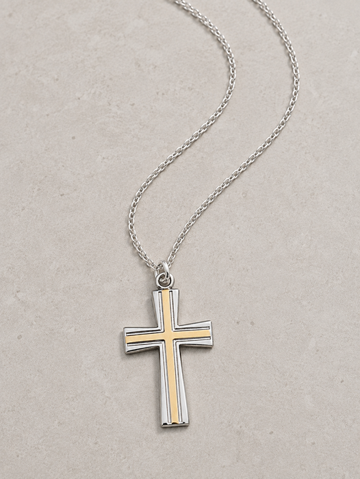 Men's Two-Tone Rhodium-Plated Cross Necklace, 1.5" Cross, 24" Chain