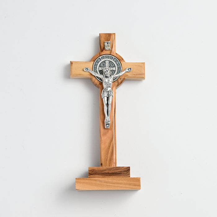 5.5" St. Benedict Olive Wood Tabletop Crucifix with Magnetic Base