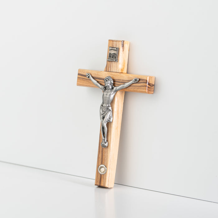 5" Olive Wood & Pewter Crucifix with Bethlehem Stone