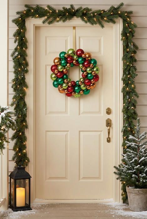 14-inch multi-colour glitter wreath hanging on a door on a festive Christmas porch