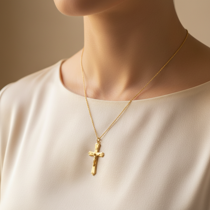 18k Gold Crucifix Necklace worn lifestyle