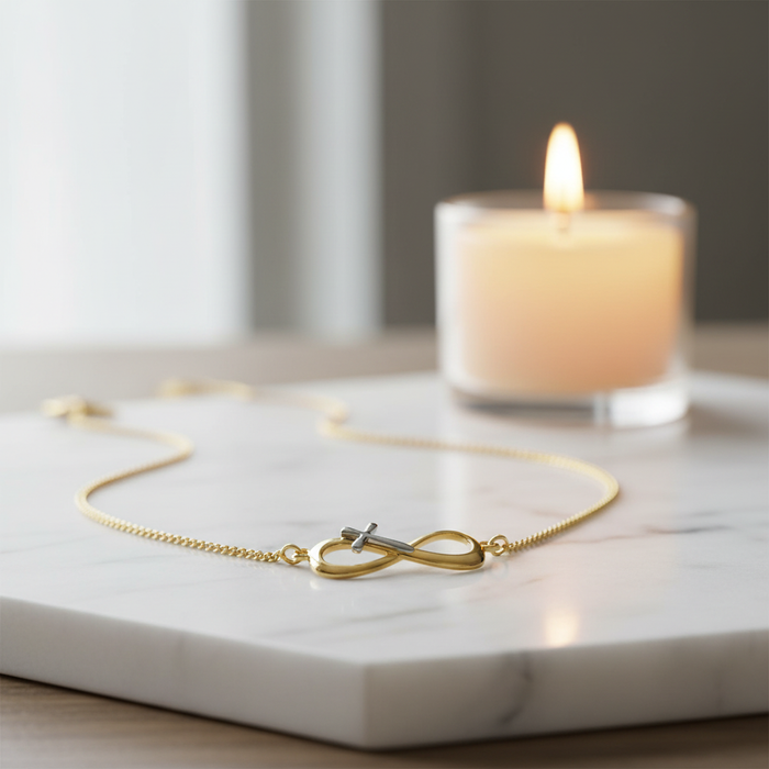 18k Gold Infinity Cross Necklace Lifestyle