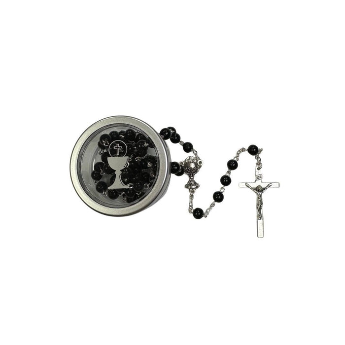 6mm Black First Communion Rosary with Chalice Box
