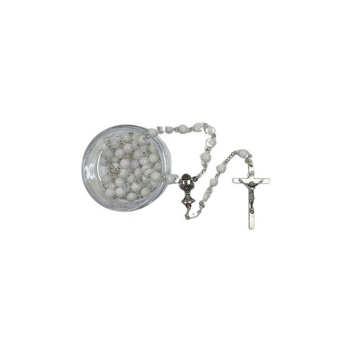 6mm White First Communion Rosary with Chalice Box