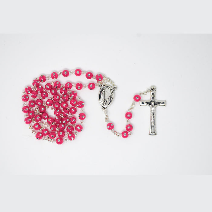 Our Lady of Fatima Small Rosary – 4mm Fuchsia Rhinestone Beads | Made in Fatima Portugal