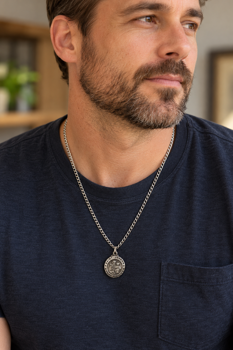 St. Joseph Pewter Medal, 24 Inch Stainless Steel Chain