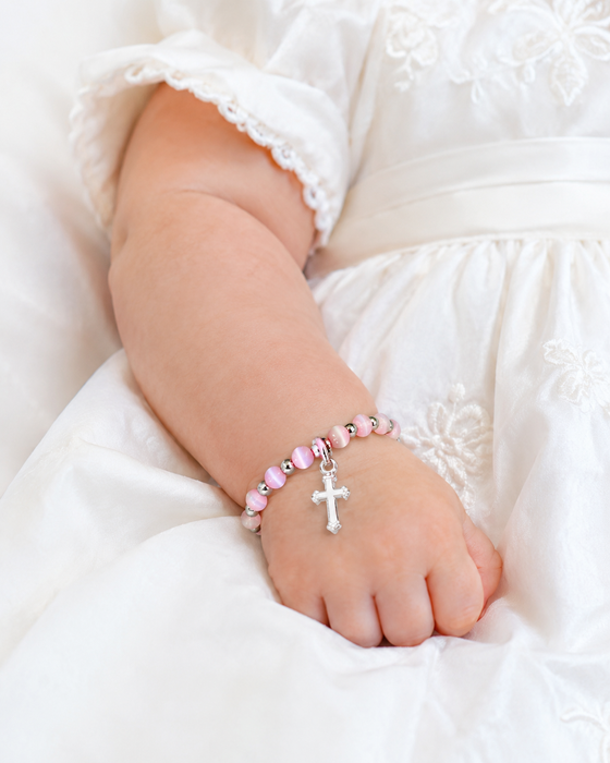 Pink Cats Eye Baby Bracelet With Cross Charm