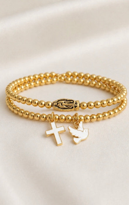 Gold Bead Layered Bracelet Set – Catholic Confirmation & RCIA 4mm Double Strand with Dove, Cross & Miraculous Medal - Catholic Gifts Canada