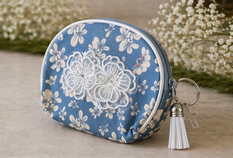 Zippered Rosary Case with Lace Flower Appliqué, Silver Cross & Tassel – 4.5” x 3.5”