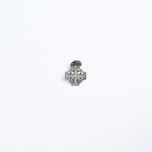 Pewter Jerusalem Cross pin with four smaller crosses surrounding a central cross and butterfly clutch backing.
