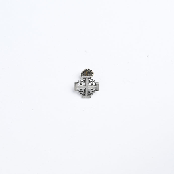 Pewter Jerusalem Cross pin with four smaller crosses surrounding a central cross and butterfly clutch backing.