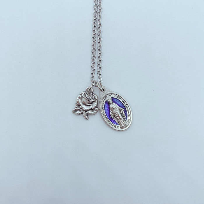 Blue Enamel Miraculous Medal with Rose Charm