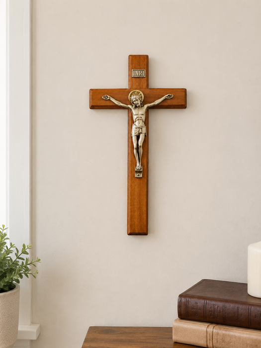 Hand Decorated in Portugal 8" Wooden Wall Crucifix with Silver Corpus