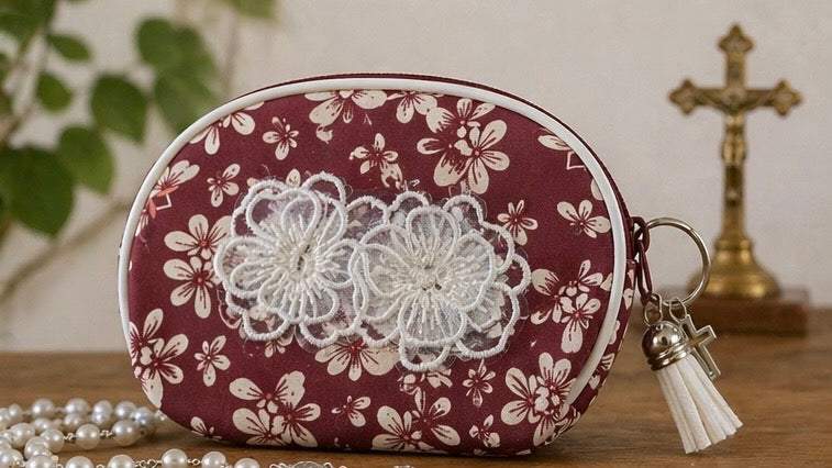 Zippered Rosary Case with Lace Flower Appliqué, Silver Cross & Tassel – 4.5” x 3.5”