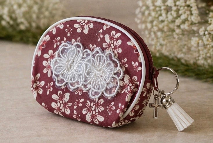 Zippered Rosary Case with Lace Flower Appliqué, Silver Cross & Tassel – 4.5” x 3.5”