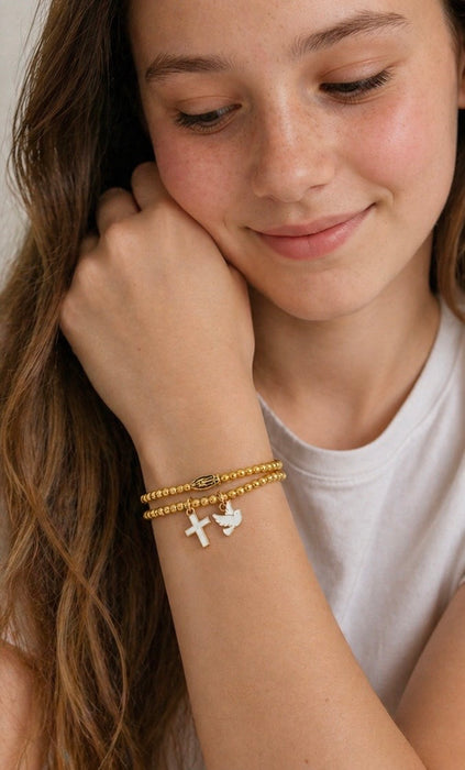 Gold Bead Layered Bracelet Set – Catholic Confirmation & RCIA 4mm Double Strand with Dove, Cross & Miraculous Medal - Catholic Gifts Canada