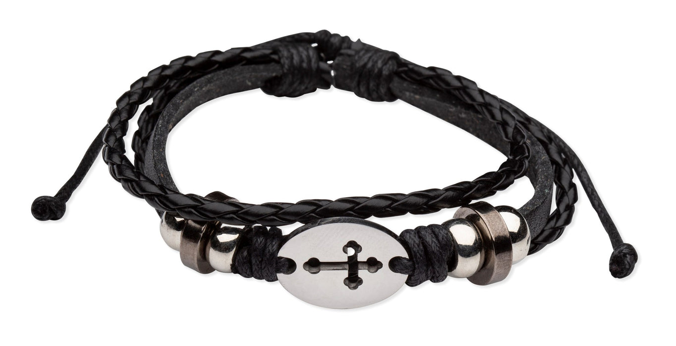 Triple Strand Leather Bracelet with Cross