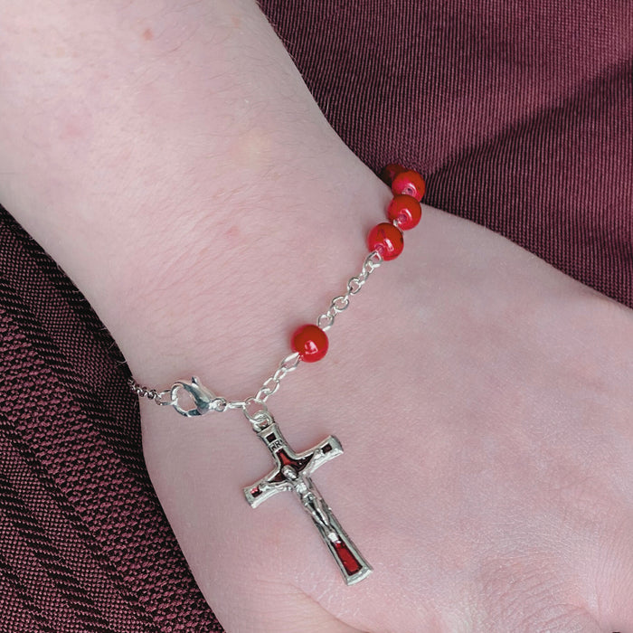 Rosary Bracelet with Red Enamel Crucifix