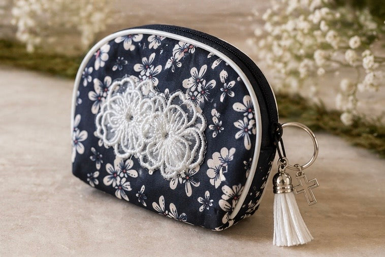 Zippered Rosary Case with Lace Flower Appliqué, Silver Cross & Tassel – 4.5” x 3.5”