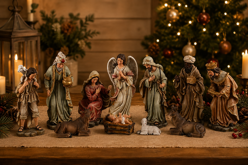 11-Piece Hand-Painted Nativity Set, 8" Resin Wood-Look Figures