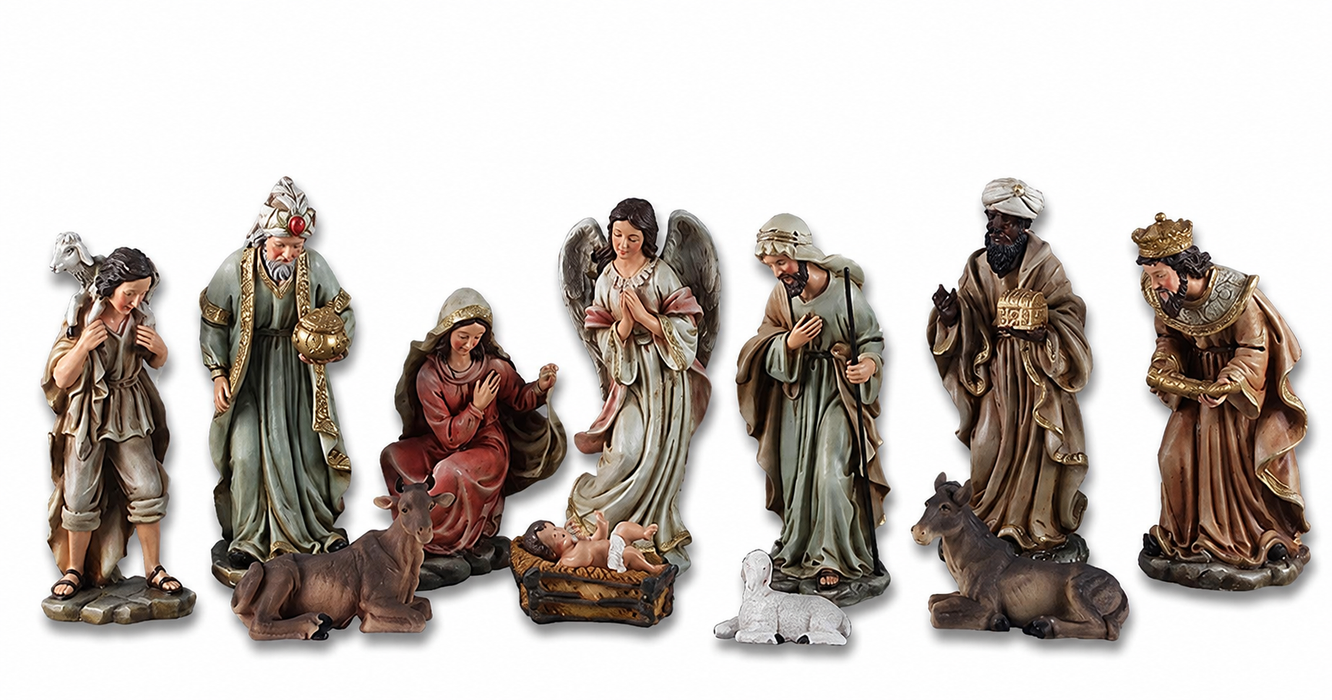 11-Piece Hand-Painted Nativity Set, 8" Resin Wood-Look Figures