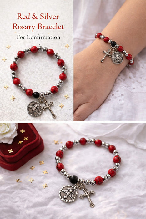 Red and Silver Rosary Bracelet - Catholic Gifts Canada