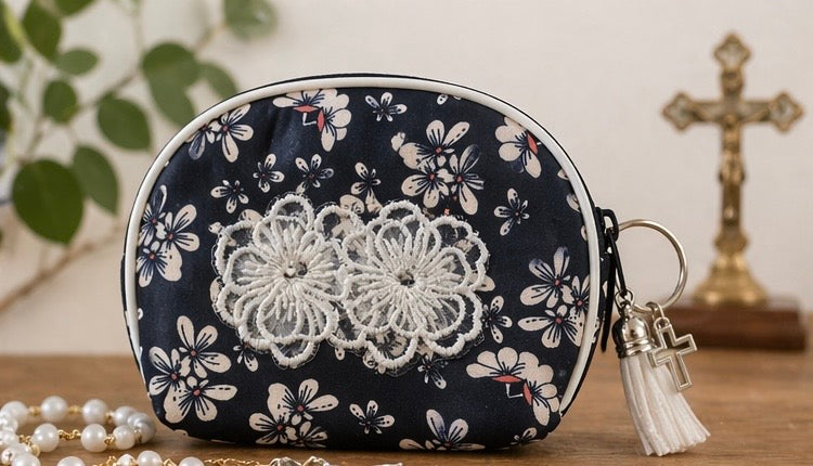 Zippered Rosary Case with Lace Flower Appliqué, Silver Cross & Tassel – 4.5” x 3.5”