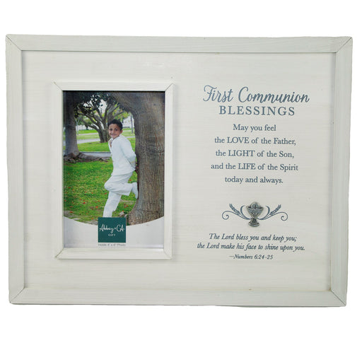 Rustic First Communion Photo Frame – Whitewashed Wood with Chalice Accent, 4x6 Catholic Gift - Catholic Gifts Canada