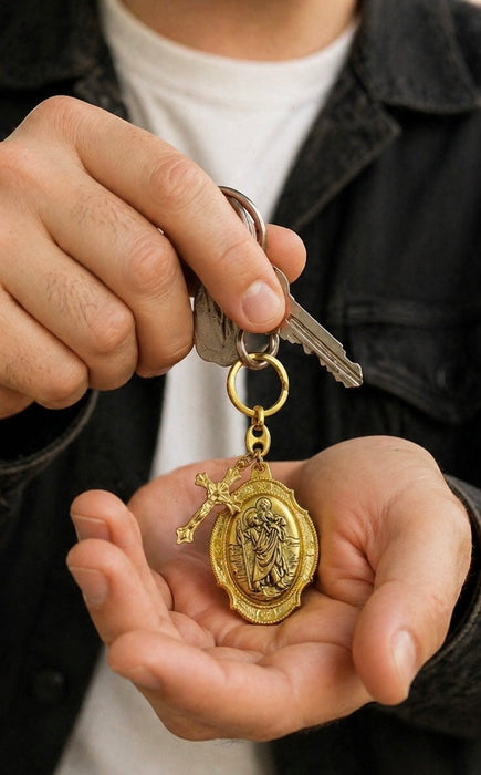 St. Christopher & Crucifix Gold Keychain – Catholic Travel Protection Keyring - Catholic Gifts Canada