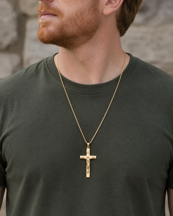 18K Gold Plated Crucifix Necklace with Heavy 24" Chain
