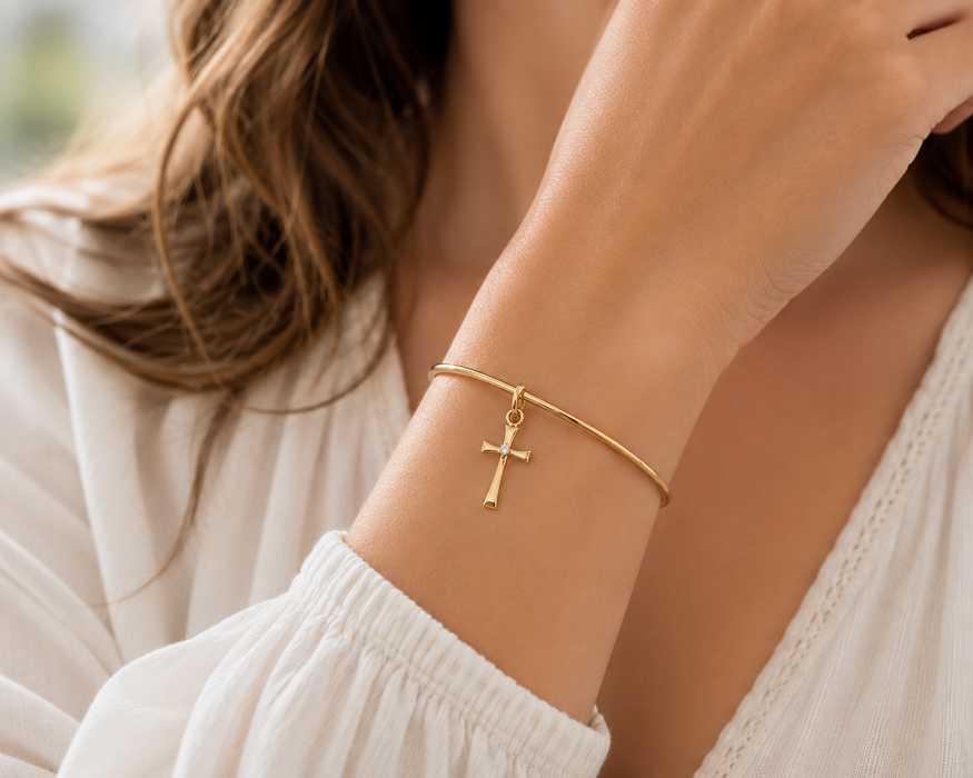 Gold-Plated Bangle Bracelet with Flare Cross Charm