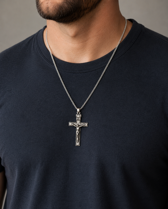 Silver Plated Crucifix Necklace with Heavy 24" Chain and Gift Box