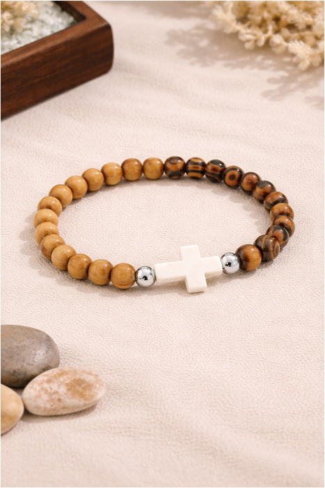 Stone Cross Wood Bead Stretch Bracelet – Christian Faith Bracelet