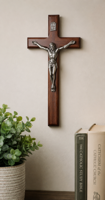 8" Walnut Wall Crucifix with Pewter Corpus - Catholic Gifts Canada