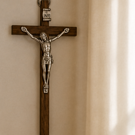 4.75-inch wood wall Crucifix with detailed carving of Jesus on the cross, Catholic devotional wall decor suitable for sacraments and home prayer spaces.