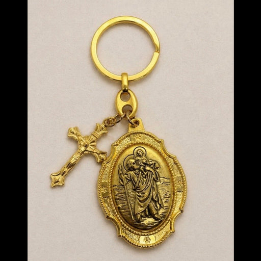 St. Christopher & Crucifix Gold Keychain – Catholic Travel Protection Keyring - Catholic Gifts Canada