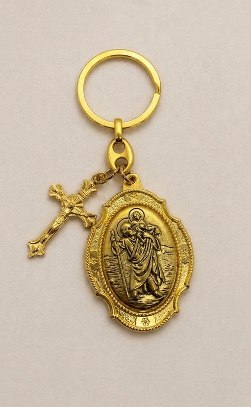 St. Christopher & Crucifix Gold Keychain – Catholic Travel Protection Keyring - Catholic Gifts Canada