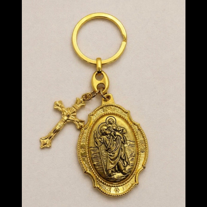 St. Christopher & Crucifix Gold Keychain – Catholic Travel Protection Keyring - Catholic Gifts Canada