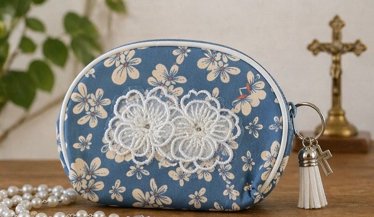 Zippered Rosary Case with Lace Flower Appliqué, Silver Cross & Tassel – 4.5” x 3.5”