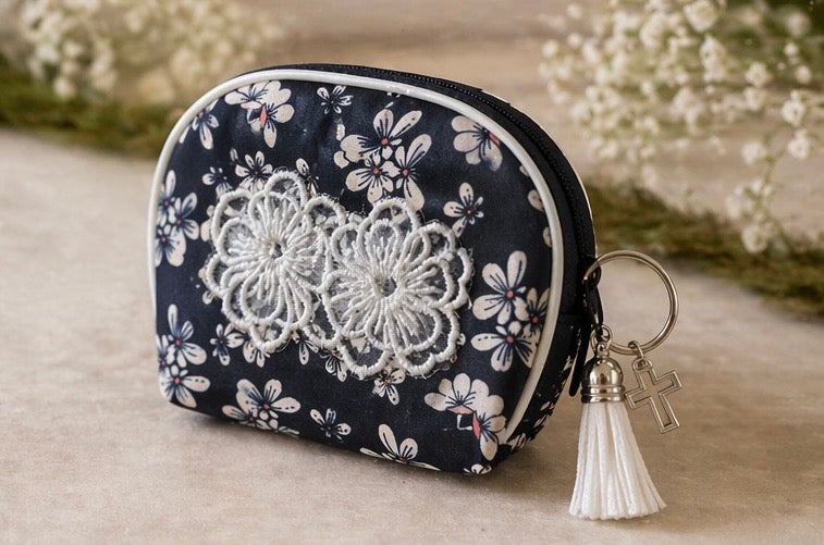 Zippered Rosary Case with Lace Flower Appliqué, Silver Cross & Tassel – 4.5” x 3.5”