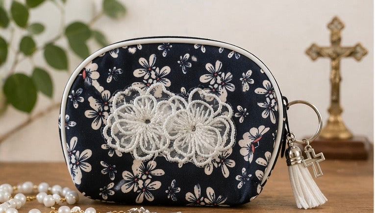 Zippered Rosary Case with Lace Flower Appliqué, Silver Cross & Tassel – 4.5” x 3.5”