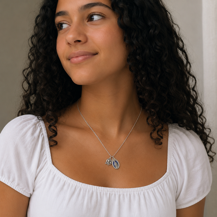 Blue Enamel Miraculous Medal with Rose Charm