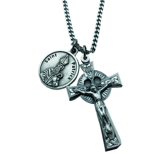 Celtic Crucifix with St. Patrick Medal on 24" Chain