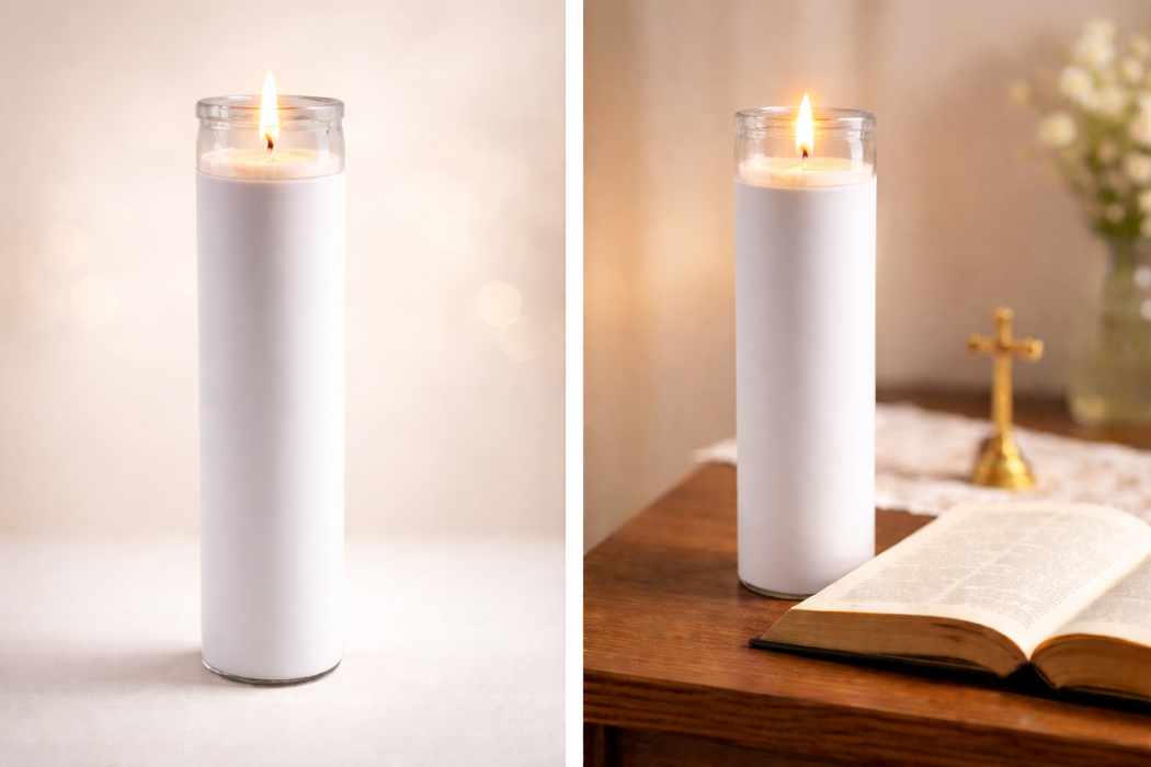 Catholic Prayer Candle – 8” Glass Devotional Candle (White or Red)
