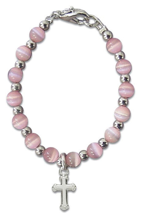 Pink Cats Eye Baby Bracelet With Cross Charm