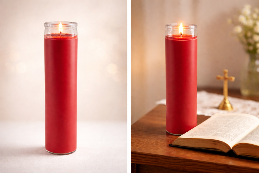 Catholic Prayer Candle – 8” Glass Devotional Candle (White or Red)