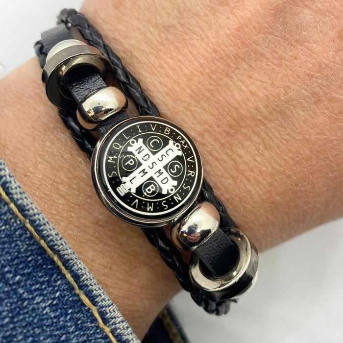 Black Leather St. Benedict Bracelet