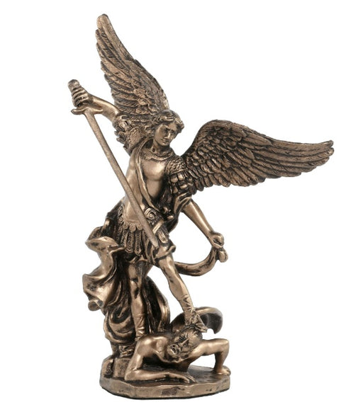 Bronze-finish St. Michael statue with outstretched wings and raised sword, standing over the defeated devil